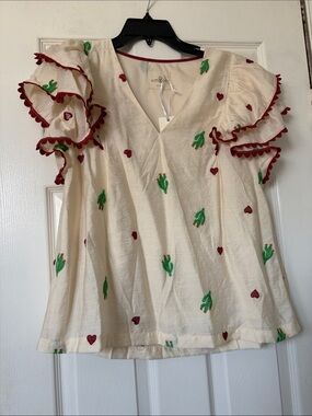 Umgee Cream V-Neck Top with Green Cactus & Red Heart Embroidery
